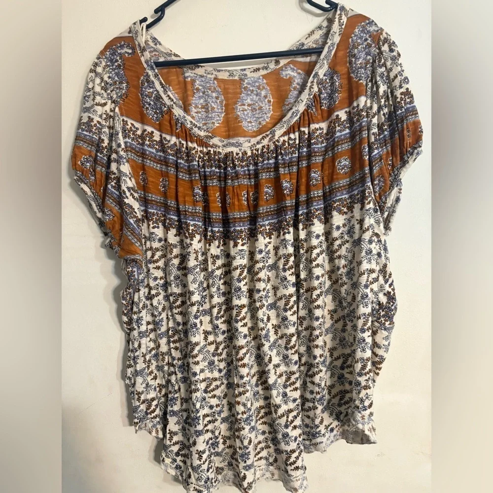 FREE PEOPLE Paisley Puff Sleeve Swing Top Boho Oversized size L